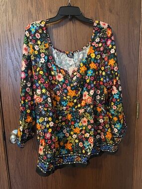 BloomChic Black Floral V-Neck Tunic with Multicolor Blooms
